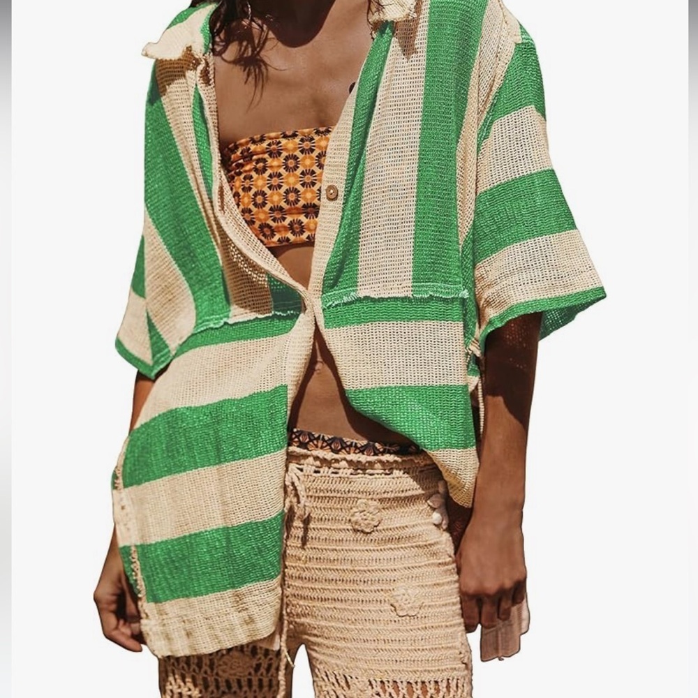 Gacaky Button Down Shirt Sz S Swimsuit Beach Shirt Tops Green & White Striped